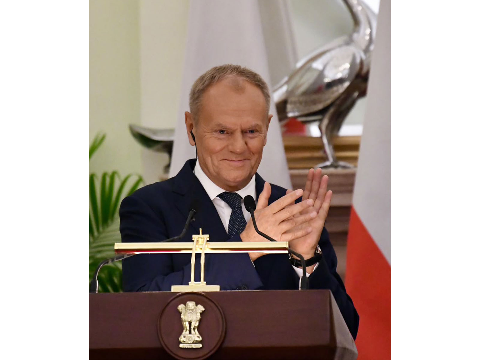 Prime Minister of Poland Donald Tusk with Prime Minister Narendra Modi during Joint Press Statements at Hyderabad House, in New Delhi on Thursday (Photo/ANI/Rahul Singh)