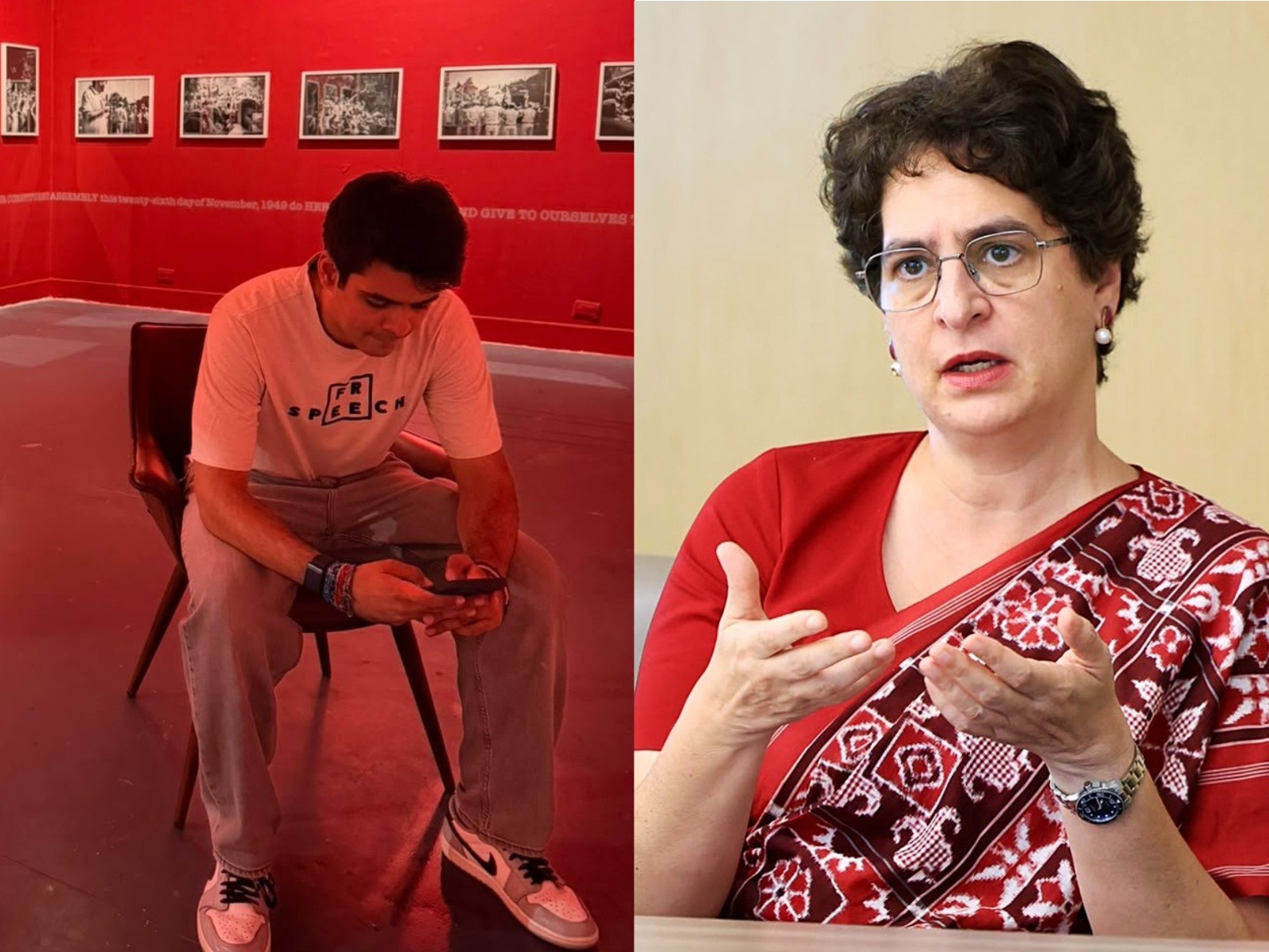 Raihan Vadra at his exhibition (L) and Congress MP Priyanka Gandhi Vadra (R) (Photo/@priyankagandhi, ANI)
