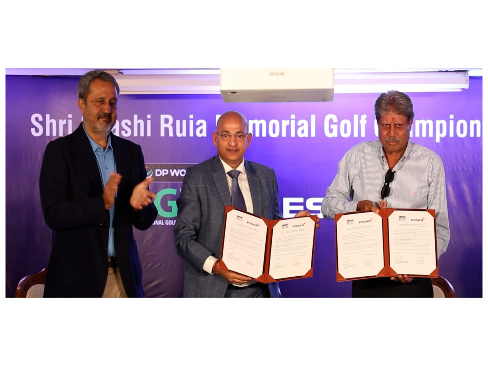 Amandeep Johl (from left), Amit Bajaj and Kapil Dev at the launch of Shri Shashi Ruia Memorial Golf Championship in Mumbai. (Photo: PGTI)