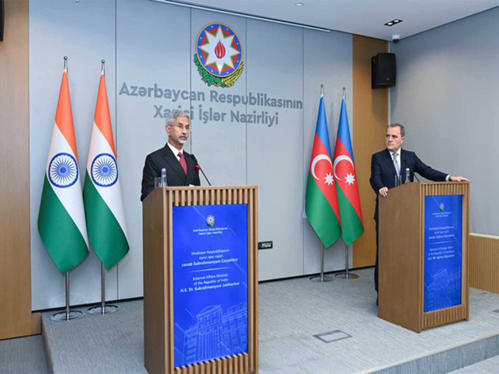 External Affairs Minister S Jaishankar and Azerbaijani Foreign Minister Jeyhun Bayramov during a joint press conference following their meeting in Baku. (Photo: X/@AzerbaijanMFA)  
