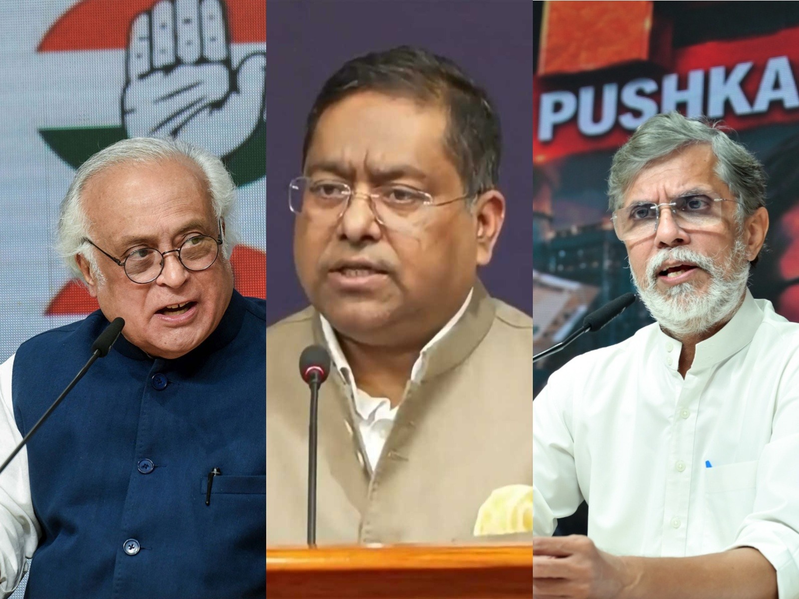 Congress leader Jairam Ramesh (on left), MEA spokesperson Randhir Jaiswal (in middle) and Congress leader Pawan Khera (on right) (Photo/ANI)