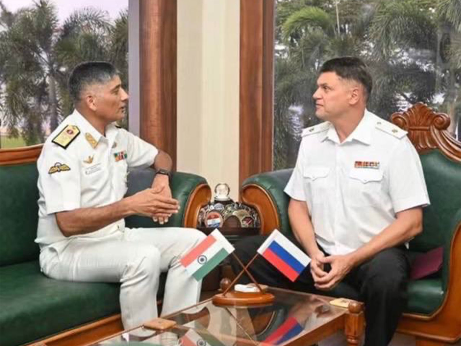 Indian Navy's Rear Admiral Prakash Gopalan (L), Russian Rear Admiral Evgeny Myasoyedov (R) (Photo/X/@RusEmbIndia)