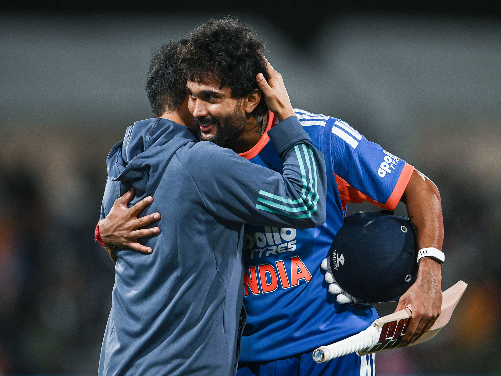 Tilak Varma hugs coach Gautam Gambhir after the match. (Photo: ANI)