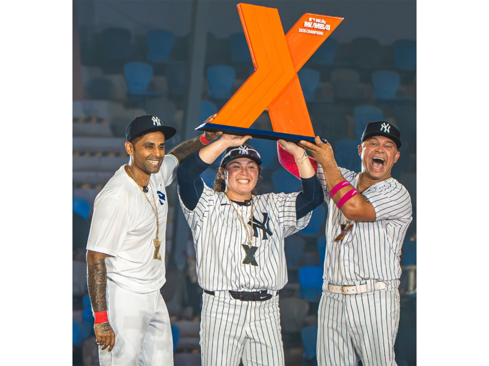 Suryakumar Yadav (left), Rachel Garcia (middle) and Nick Swisher (right) (Photo: Instagram/ @mlb.india)