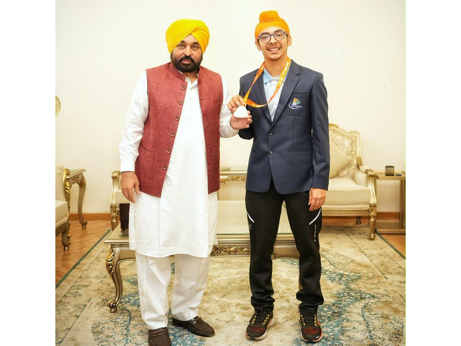 CM Mann congratulates World Junior badminton medallist Jagsher Singh Khangurra (Photo: X/ @AAPPunjab)