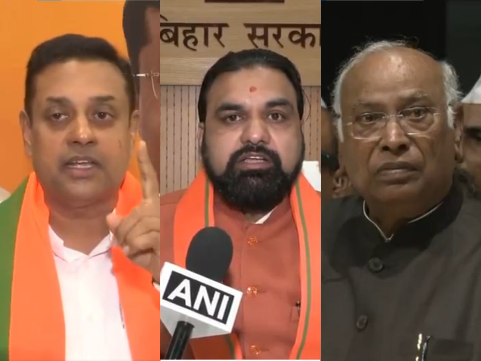 BJP MP Sambit Patra, Bihar CM Samrat Choudhary and Congress President Mallikarjun Kharge (Photo/ANI)