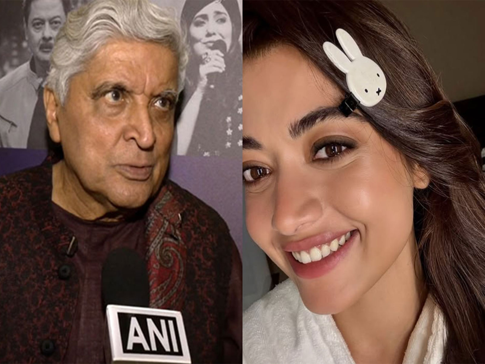 Lyricist Javed Akhtar (L) Rashmika Mandanna (R) (Photos/ANI/Instagram/rashmika_mandanna)