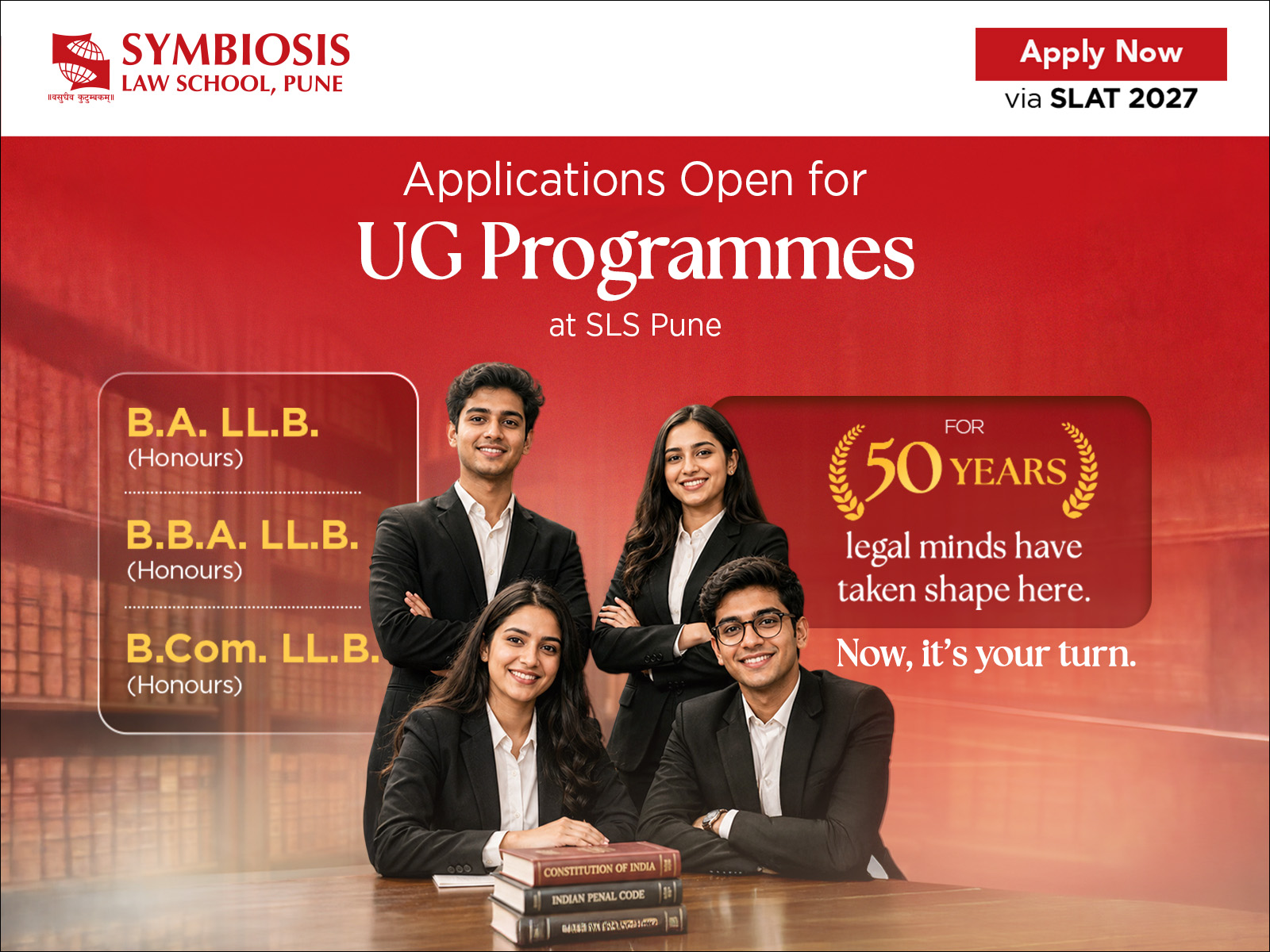 SLS Pune Invites Applications for B.A. LL.B., B.B.A. LL.B. and B.Com. LL.B. via SLAT