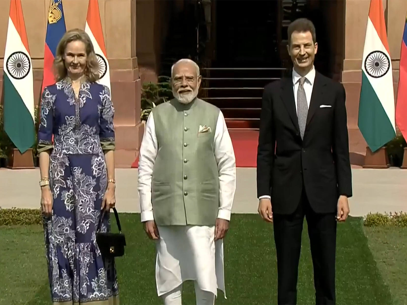 Prime Minister Narendra Modi meets  Hereditary Prince Alois of Liechtenstein and Hereditary Princess Sophie at Hyderabad House in New Delhi  (Photo/ANI/DD)