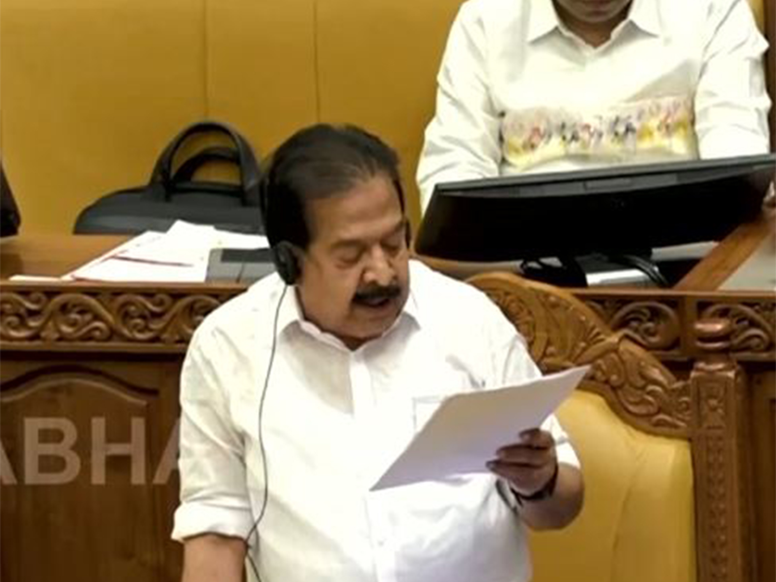 Keralam Home Minister Ramesh Chennithala during Keralam Legislative Assembly session (Photo: Sabha TV)