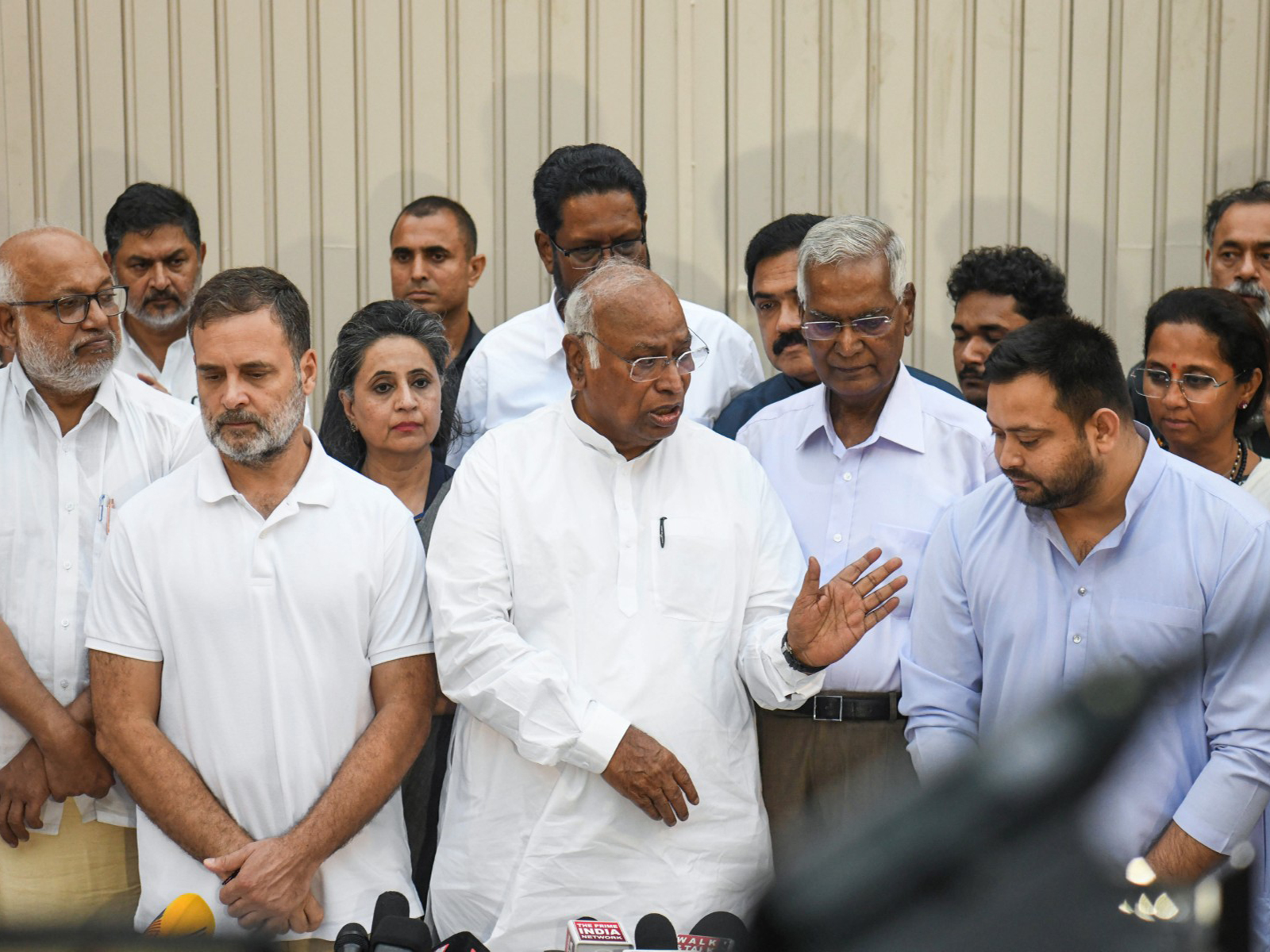 Congress President Mallikarjun Kharge addresses a press conference after a tea meeting of INDIA Bloc (Photo: ANI)