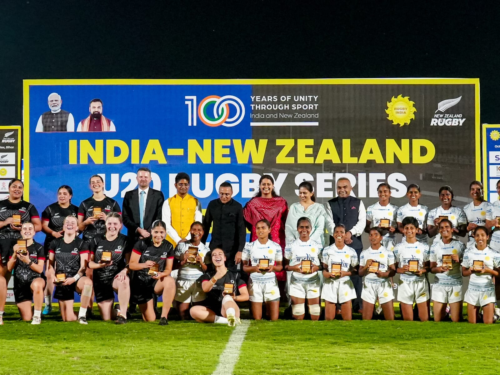 Raksha Khadse with India and New Zealand Rugby players and officials in Rajgir. (Photo: PIB)
