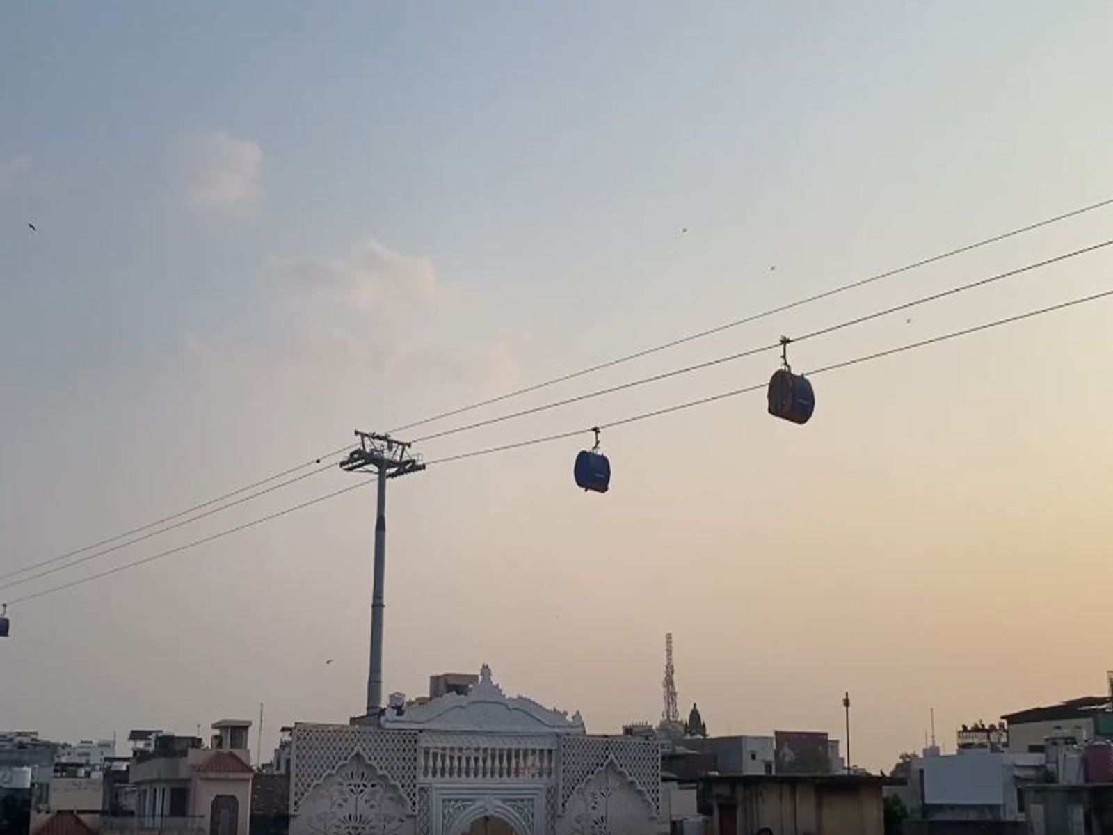 Aerial visual of trial runs underway in the second phase of Varanasi Urban Ropeway Project at Vidyapith Station (Photo/ANI)