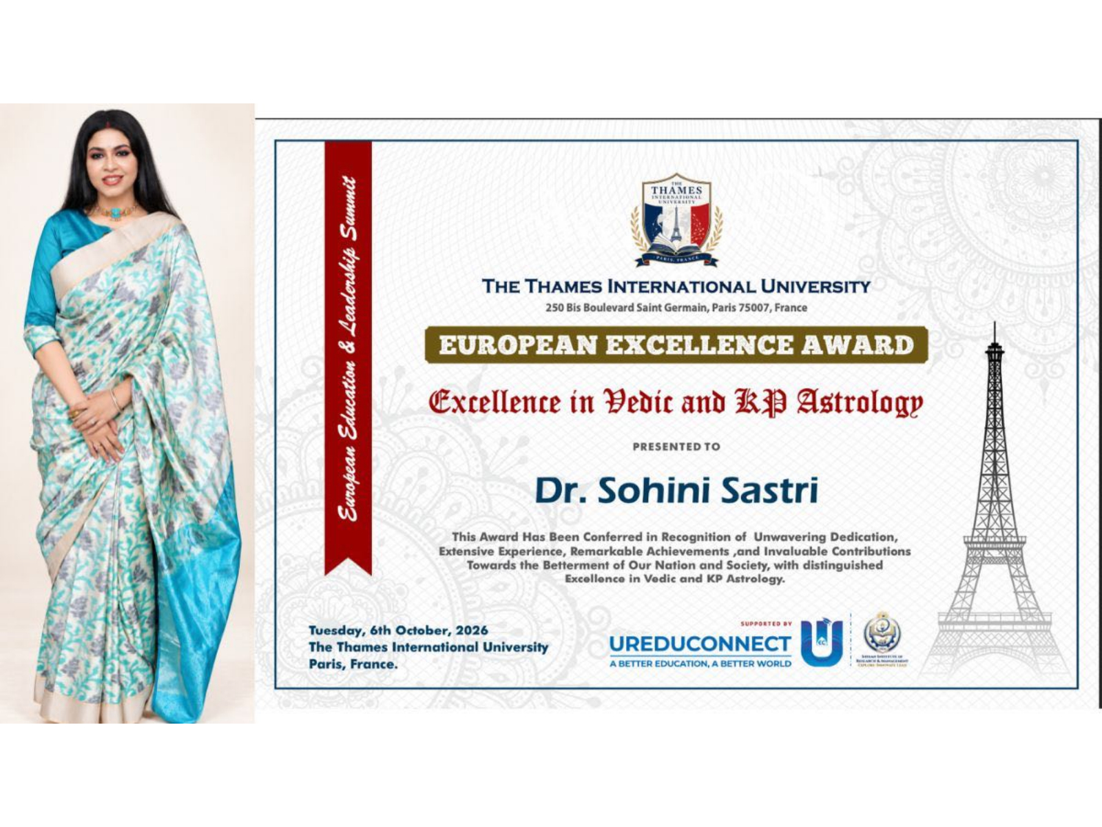 Dr. Sohini Sastri Honoured with the European Excellence Award 2026 for Excellence in Vedic and KP Astrology in Paris