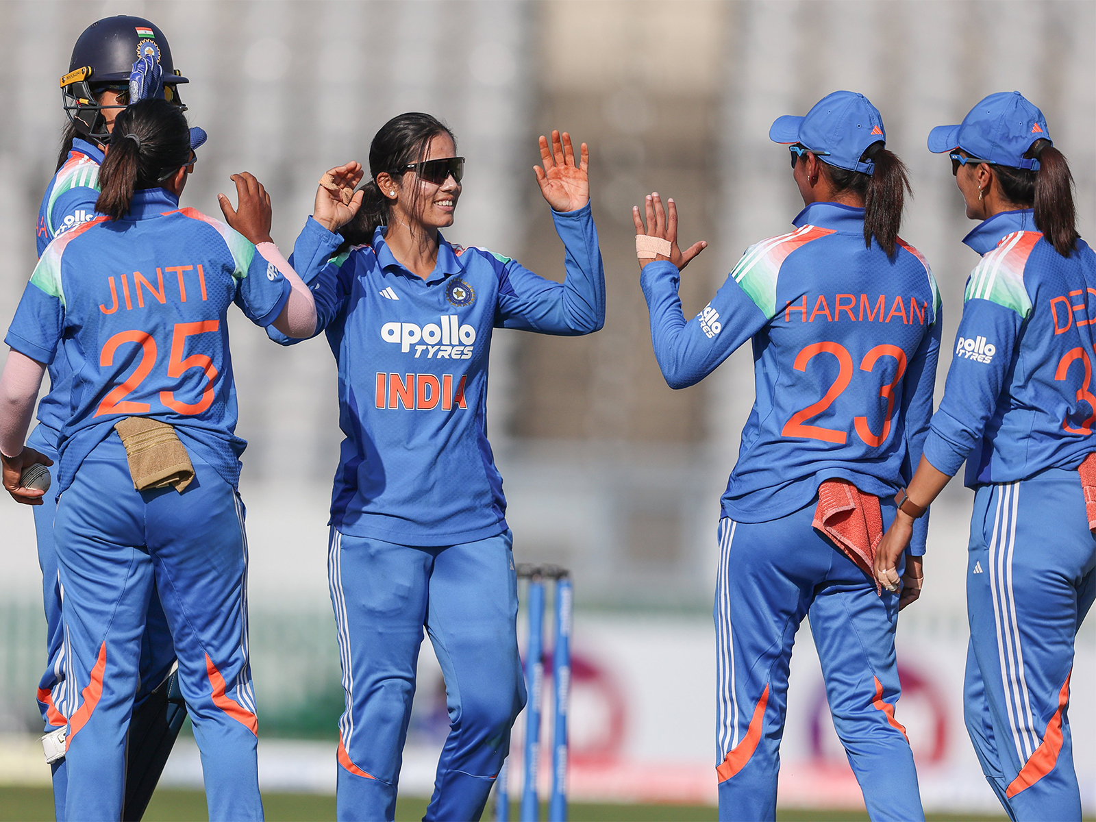Vaishnavi Sharma celebrating with her team members after taking a wicket. (Photo: X/ @BCCIWomen)