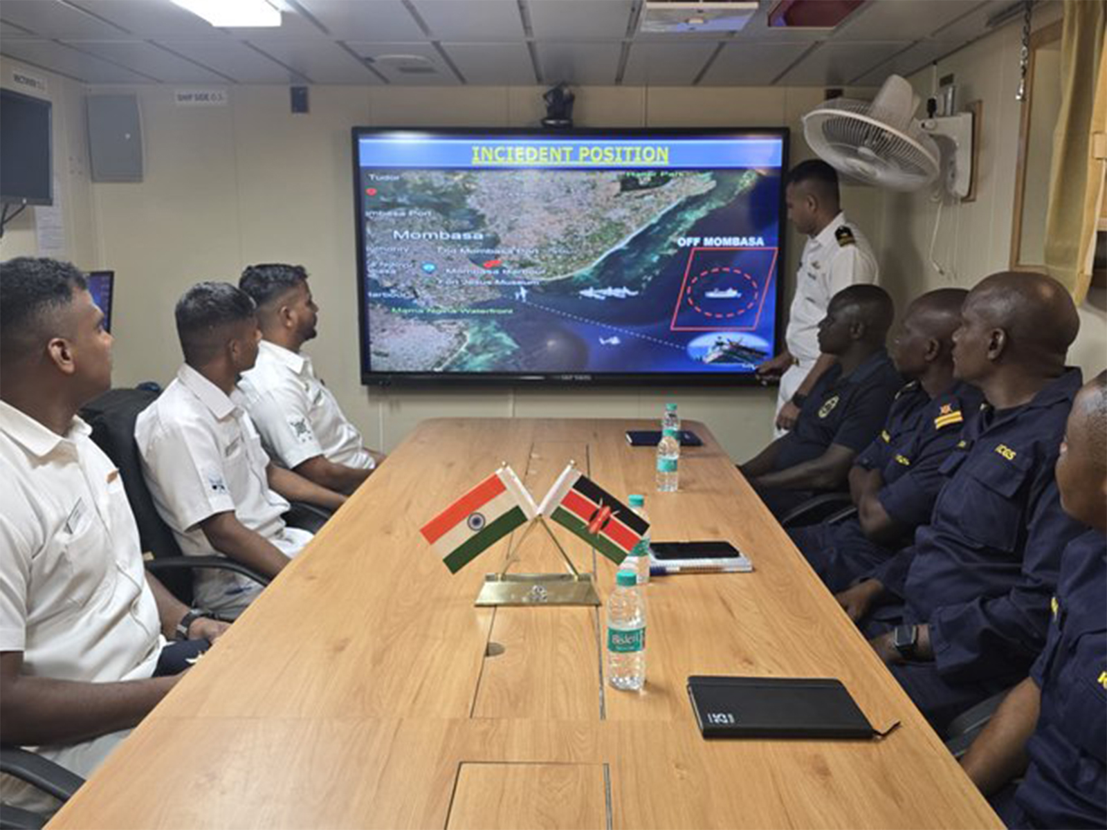 Indian Coast Guard personnel and Kenya Coast Guard Service members participate in a Maritime Search and Rescue tabletop exercise aboard Indian Coast Guard Ship (ICGS) Varaha during professional engagements in Mombasa. (Photo: X/@ahcimombasa)