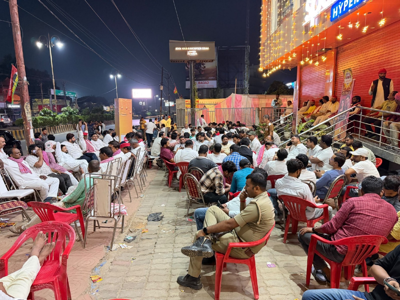 Samajwadi Party workers gather outside a counting centre to stay vigilant during UP MLC poll vote counting (Photo: x/@yadavakhilesh)