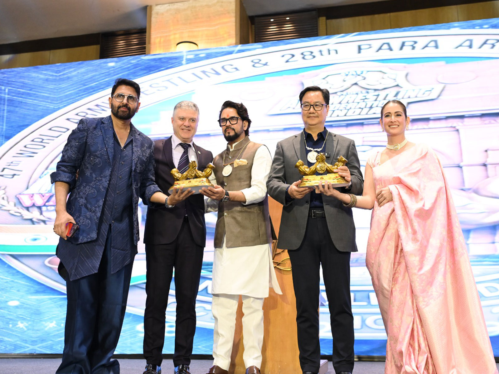 (From right to left) Parvinn Dabass, Assen Hadjitodorov, Anurag Thakur, Kiren Rijju, Preeti Jhangiani (Photo: PAFI)