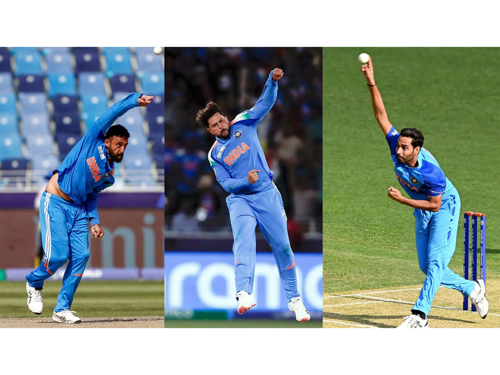 Varun Chakaravarthy, Kuldeep Yadav and Bhuvneshwar Kumar. (Photo/ANI)