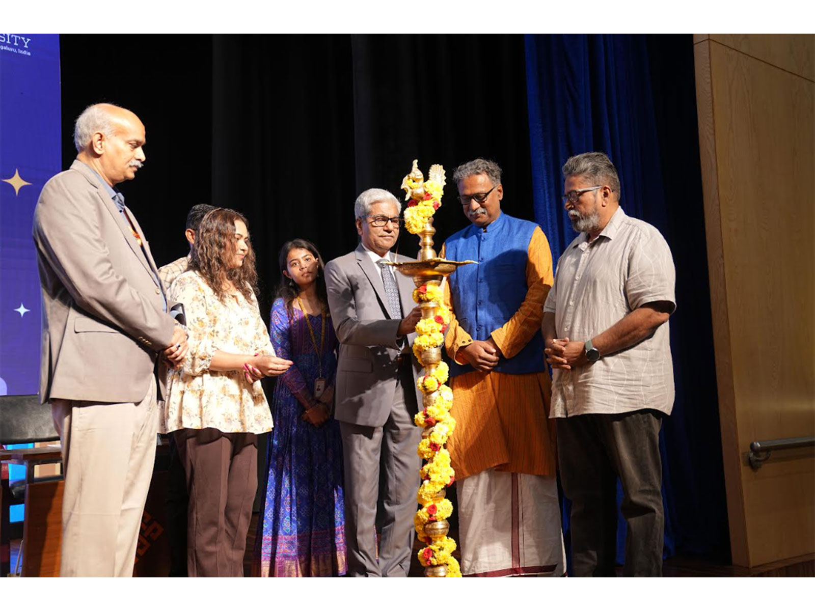 Dr. P. Shyamaraju, Chancellor, REVA University, and other dignitaries inaugurated the REVA Lit Fest 2026 by lighting the ceremonial lamp