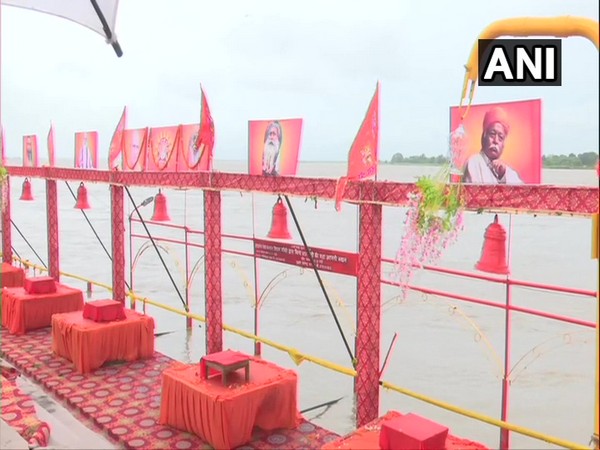 Saryu Ghat decked up ahead of foundationg stone laying ceremony in Ayodhya on Wednesday. (Photo/ANI)