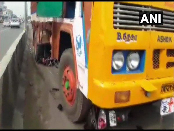 Truck hits a woman riding a scooty in Coimbatore on Monday. Photo/ANI Truck hits a woman riding a scooty in Coimbatore on Monday. Photo/ANI