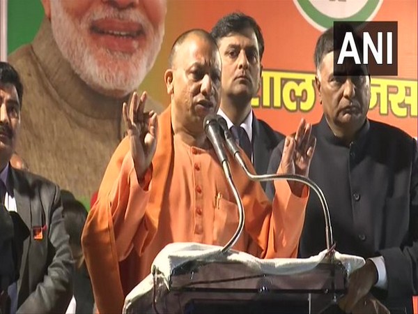 UP Chief Minister Yogi Adityanath addressing a public rally in Delhi on Sunday. Photo/ANI UP Chief Minister Yogi Adityanath addressing a public rally in Delhi on Sunday. Photo/ANI