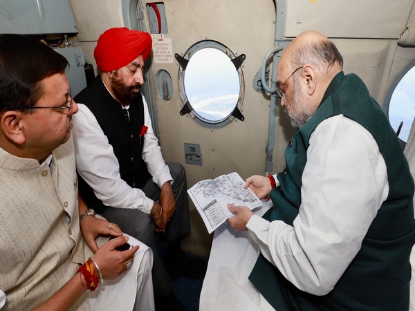 Union Home Minister Amit Shah conducting aerial survey of rain-affected areas of Uttarakhand on Thursday (Photo/ANI)