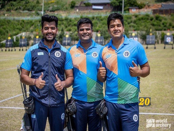 Abhishek Verma, Aman Saini, and Rajat Chauhan (Photo: Twitter/World Archery)