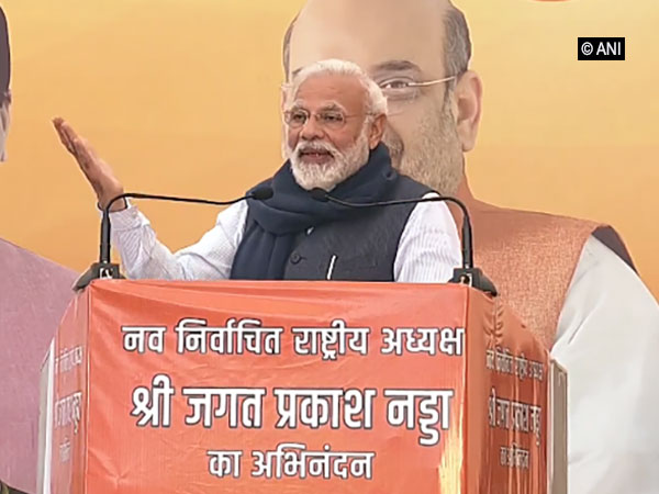 Prime Minister Narendra Modi speaking at the BJP head office in New Delhi on Monday. Photo/ANI