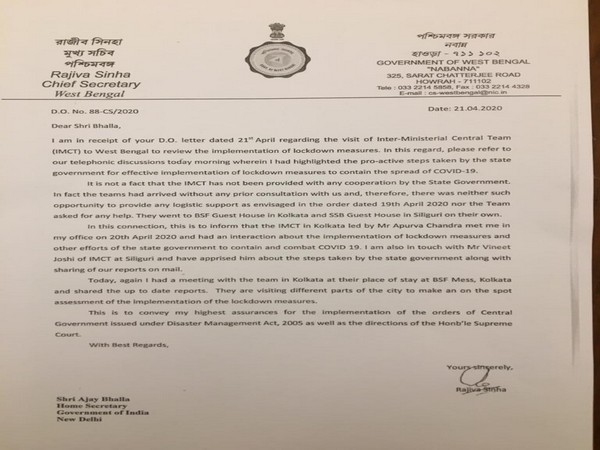 Letter of West Bengal Chief Secretary Rajiva Sinha Letter of West Bengal Chief Secretary Rajiva Sinha