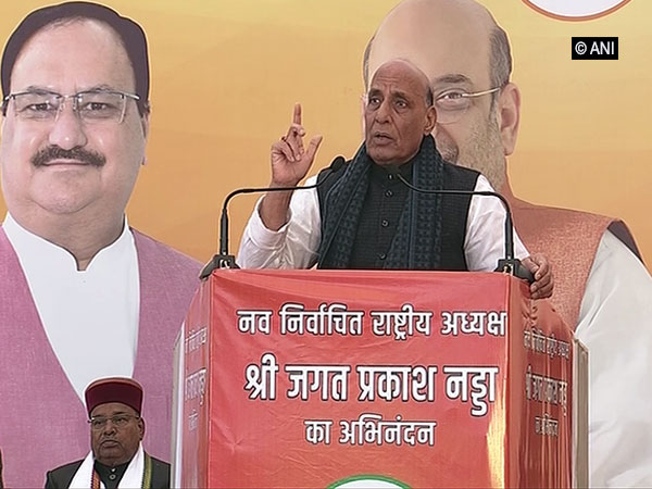 Senior BJP leader and Defence Minister Rajnath Singh speaking at the felicitation programme of the newly elected BJP president JP Nadda.