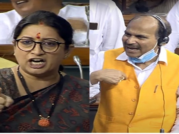Union Minister Smriti Irani (left), Congress Lok Sabha MP Adhir Ranjan Chowdhury (right) (ANI Photo/Sansad TV)
