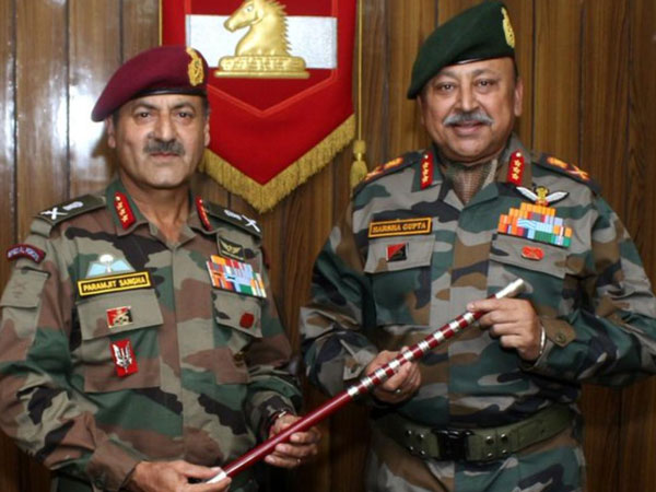 Lt Gen Paramjit Singh Sangha, left, handing the command of 'White Knight Corps' to Lt Gen Harsha Gupta, right, in Jammu on Saturday. Photo/ANI Lt Gen Paramjit Singh Sangha, left, handing the command of 'White Knight Corps' to Lt Gen Harsha Gupta, right, in Jammu on Saturday. Photo/ANI