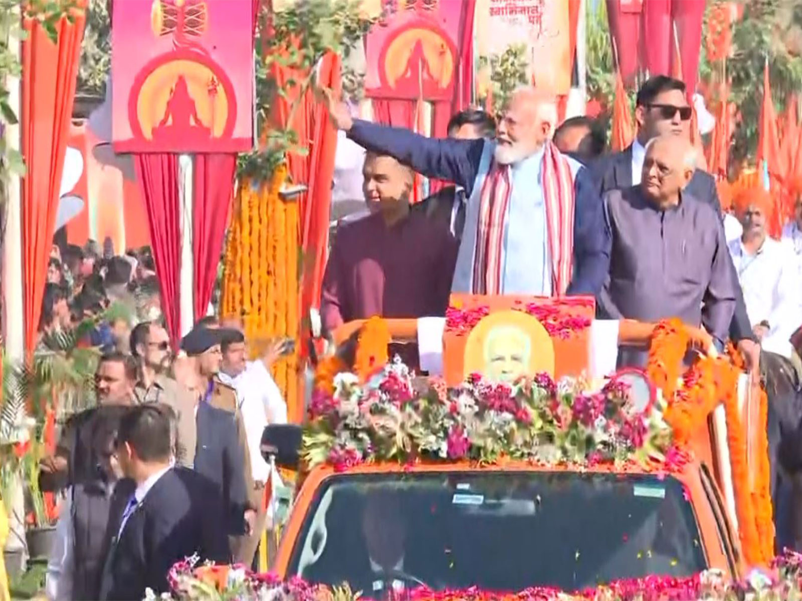 Prime Minister Narendra Modi plays conch during participation in Shaurya Yatra (Photo: ANI)