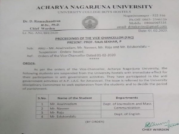 The order issued by Acharya Nagarjuna University in Guntur district of Andhra Pradesh. The order issued by Acharya Nagarjuna University in Guntur district of Andhra Pradesh.