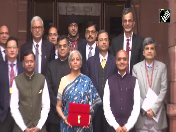 Finance Minister Nirmala Sitharaman poses with her team ahead of presentation of interim Budget 2024